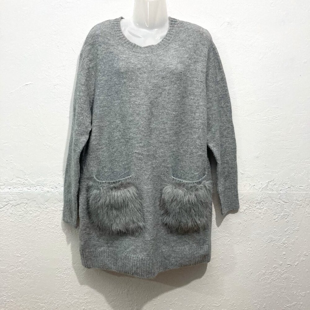 Coco + Carmen Womens Knit Long Sweater Faux Fur Pockets Gray Ribbed L/XL